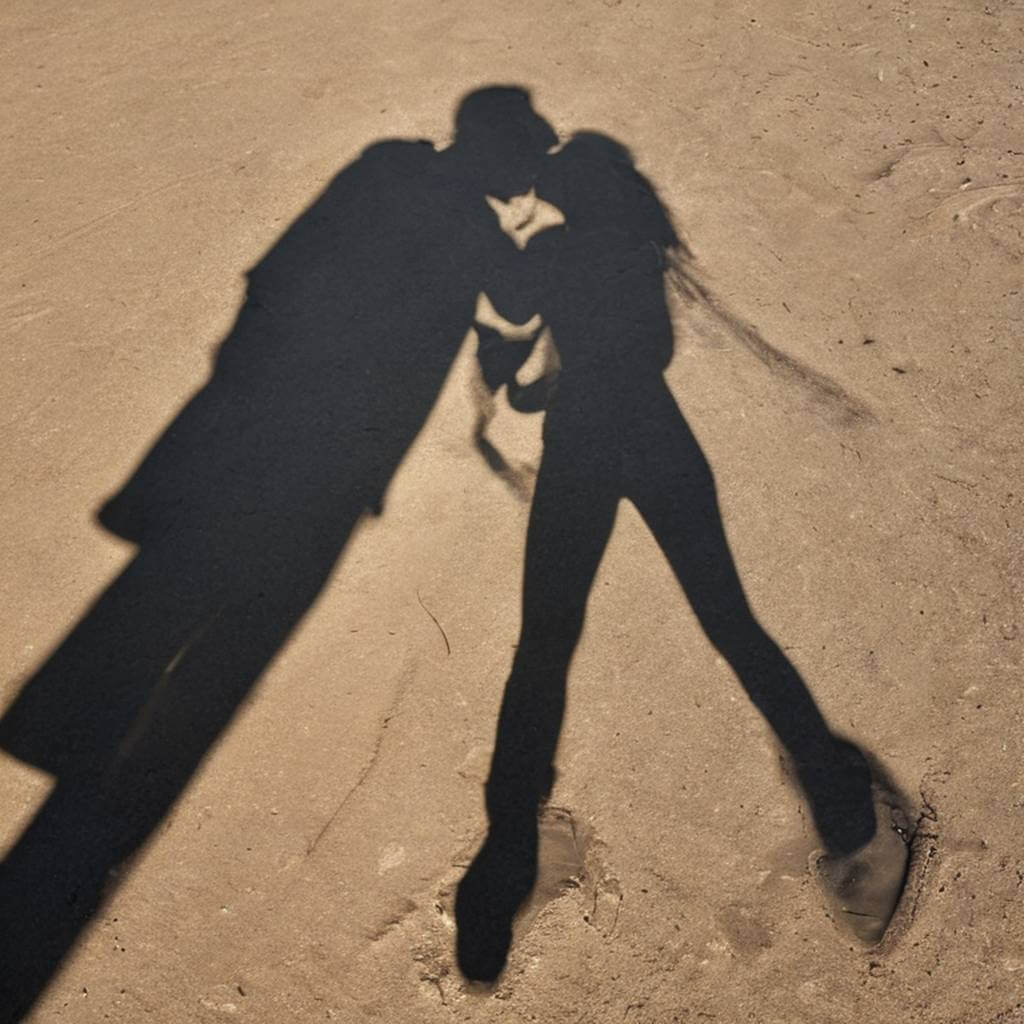 Casal se beijando com suas sombras formando um coração
