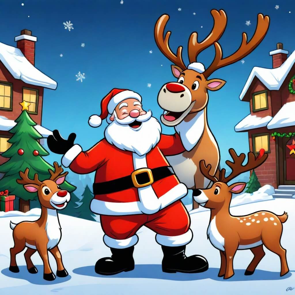 Le Père Noël heureux avec ses rennes de Noël.