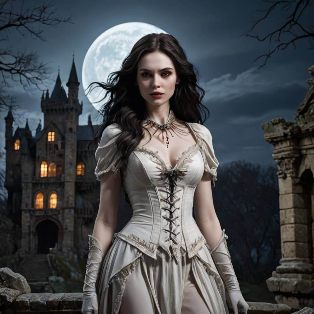 Une femme vampire, les cheveux au vent devant un château et avec une pleine lune en arrière-plan.