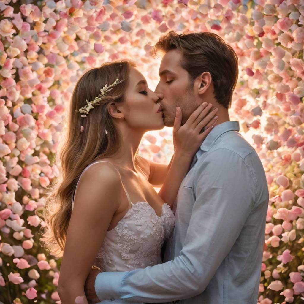 Casal se beijando com pétalas de flores caindo ao redor, iluminação romântica e suave
