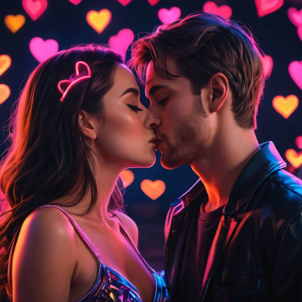 Amantes se beijando com corações de neon brilhando ao fundo, estilo pop vibrante
