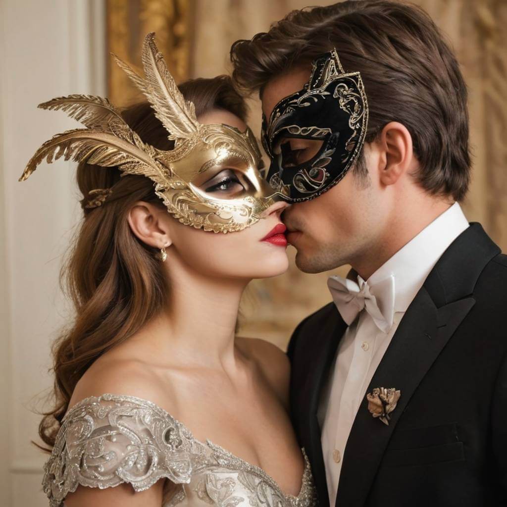 Casal se beijando com os rostos pintados como em um baile de máscaras, elegante e misterioso
