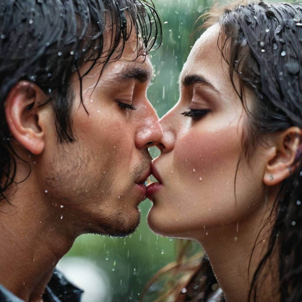 Close de um beijo com gotas de chuva em uma janela entre eles, melancólico e íntimo
