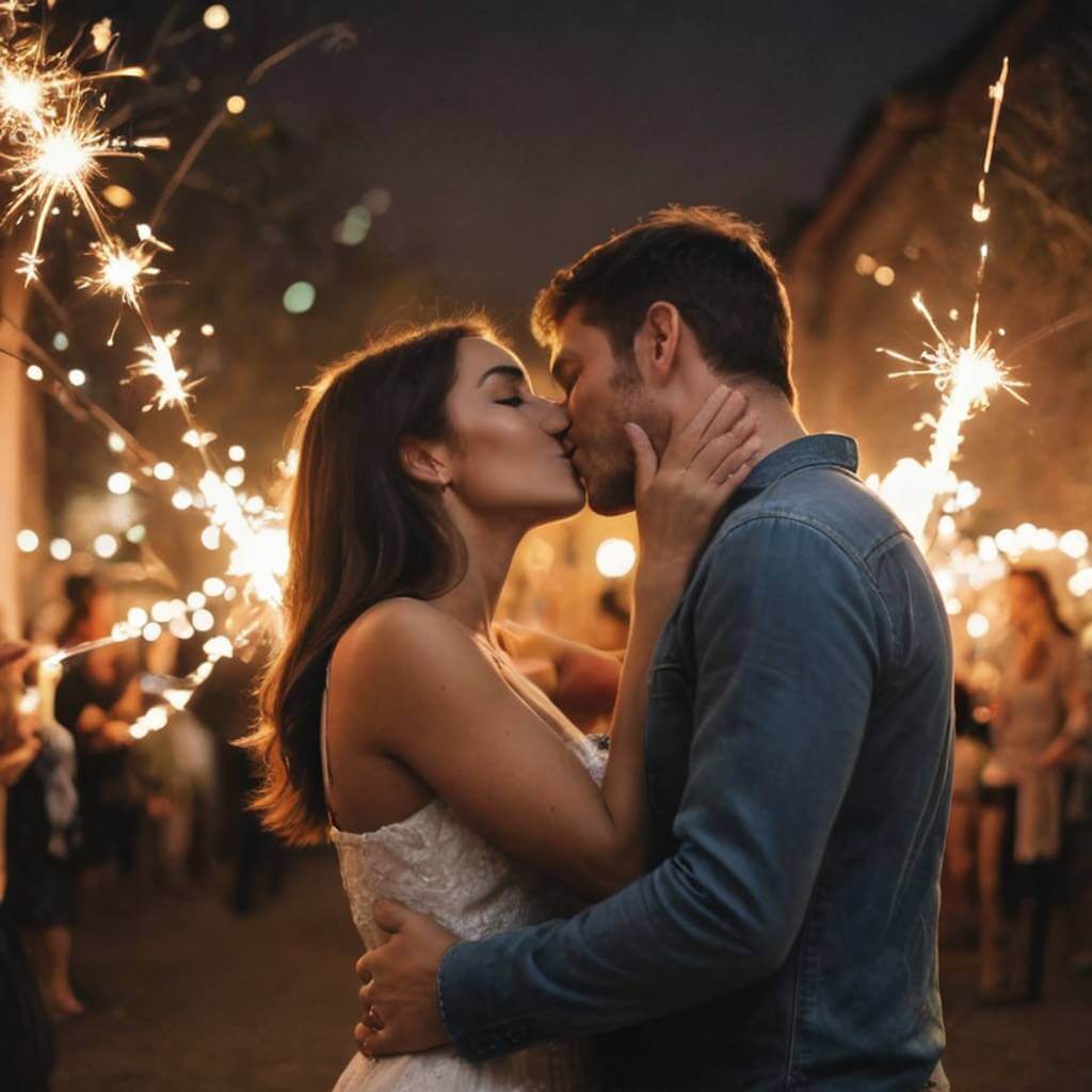 Casal se beijando com luzes de "sparklers" (velas de faísca) ao fundo, festivo e acolhedor
