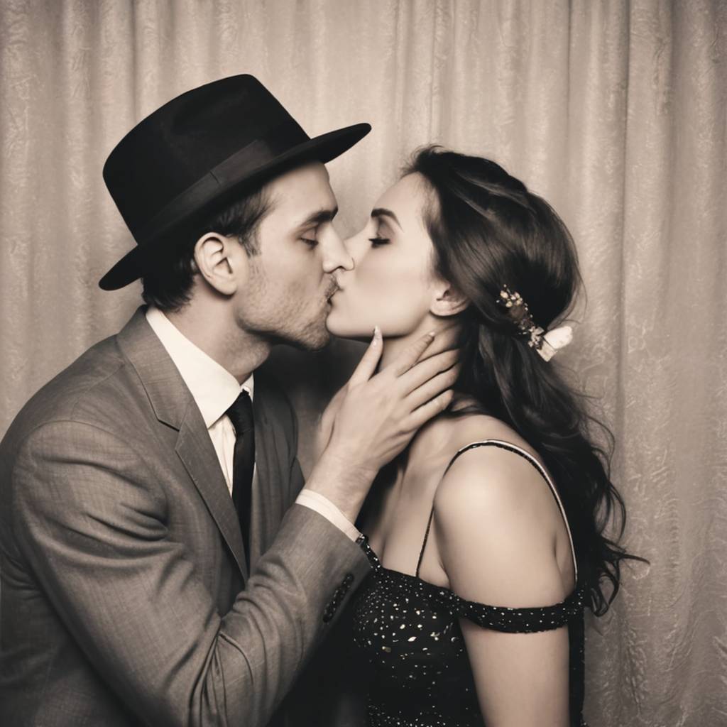 Amantes se beijando em uma cabine de fotos, expressões divertidas e filtro vintage
