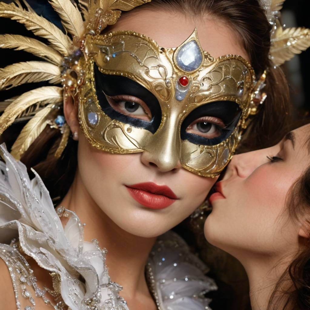 Close de um beijo com uma pessoa usando uma máscara de carnaval, toque dramático
