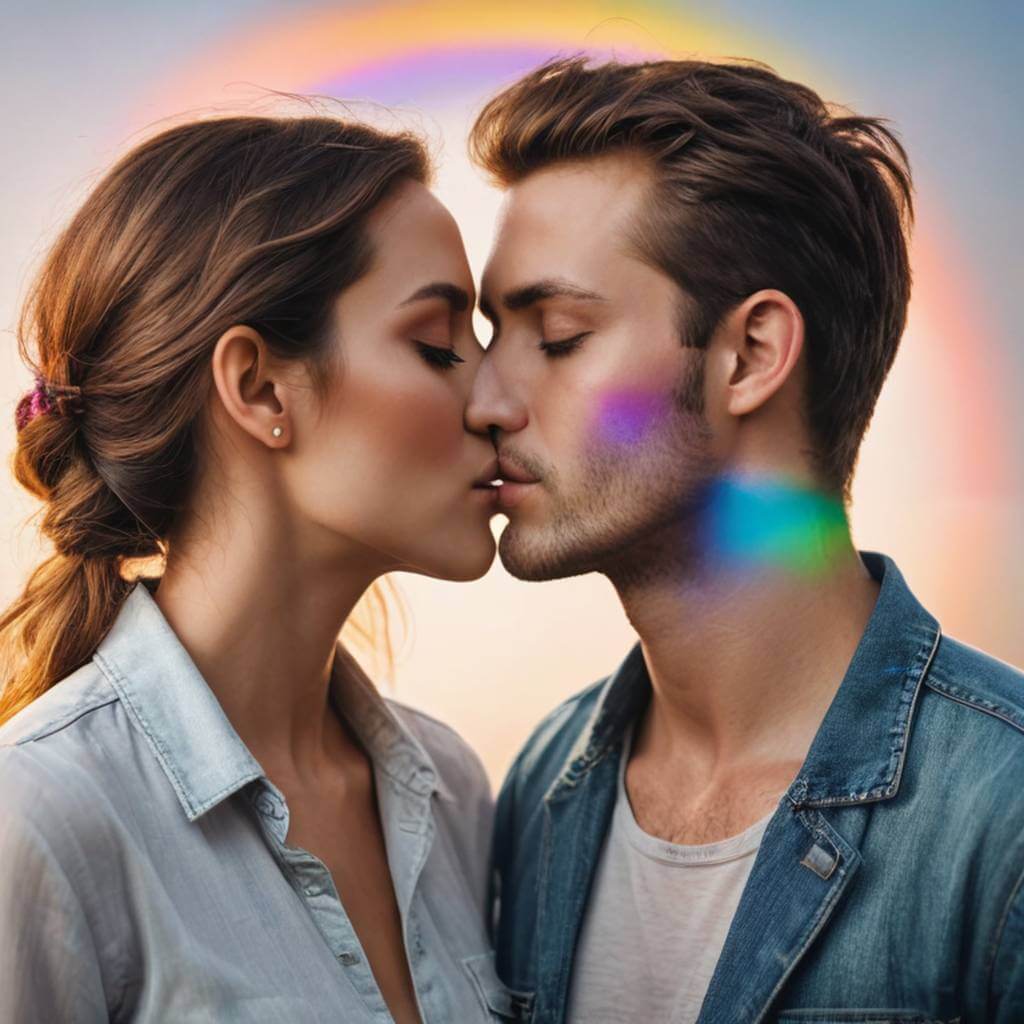 Casal se beijando com um efeito de prisma de arco-íris em seus rostos, sonhador e colorido

