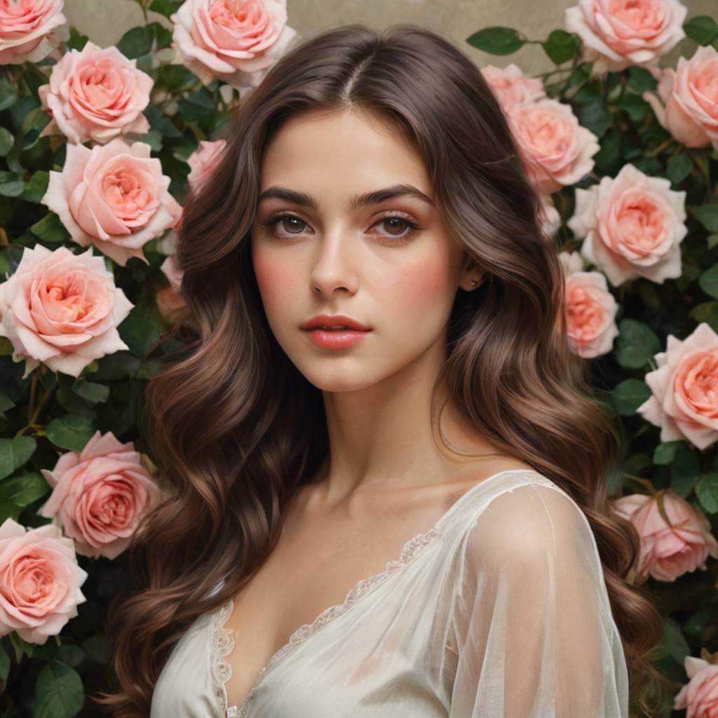 Une femme, beauté naturelle avec des roses en arrière-plan.
