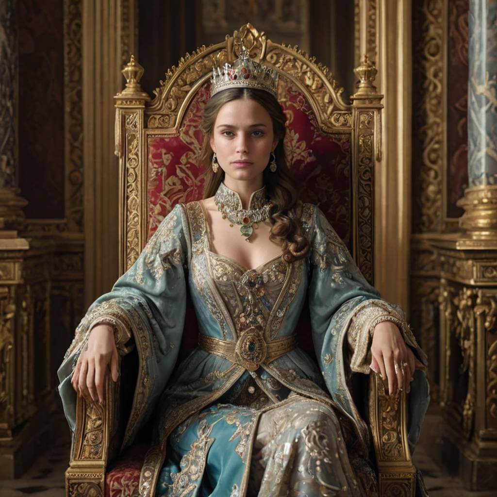 Une reine avec une couronne, une robe somptueuse, assise sur le trône.