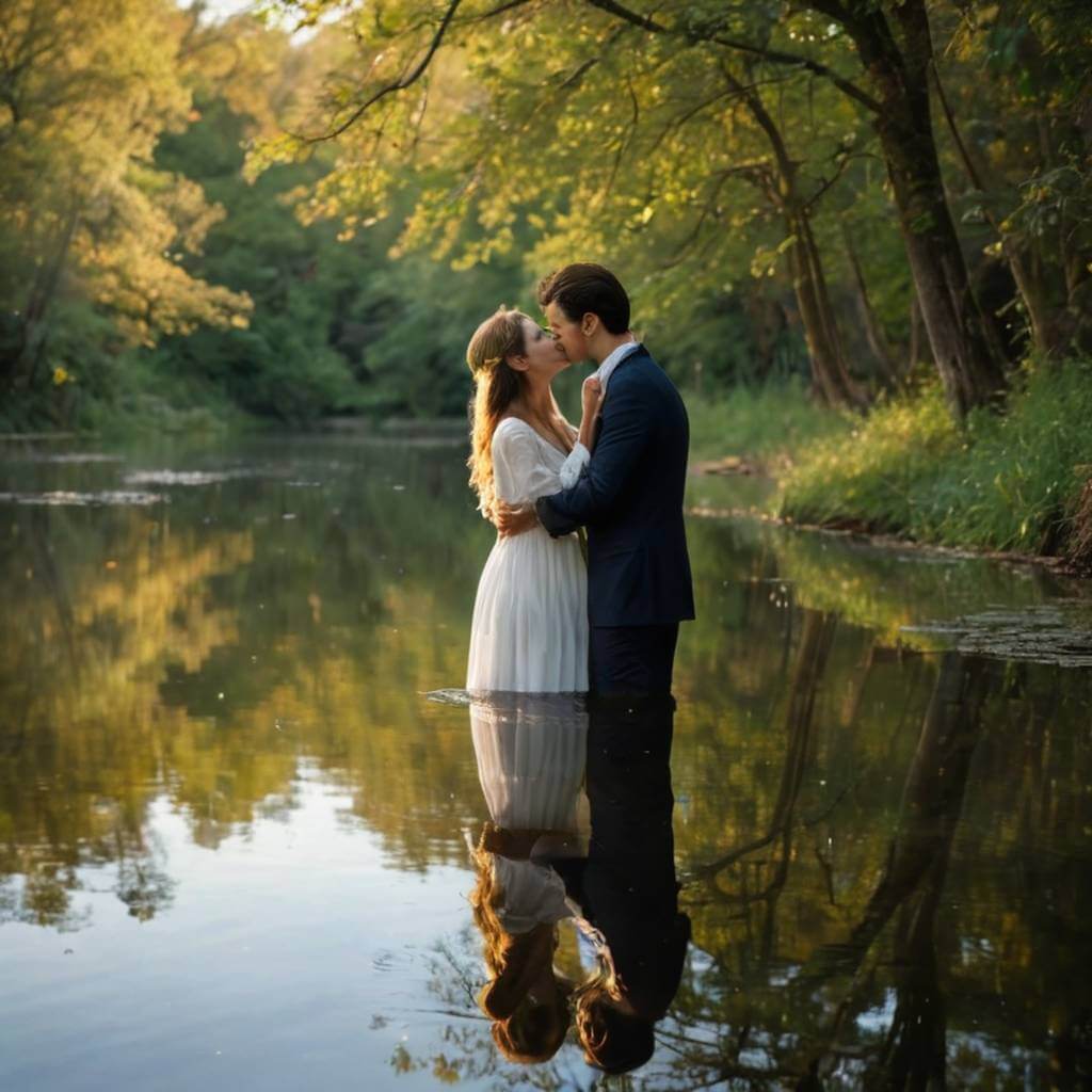 Amantes se beijando com seus reflexos na água abaixo, poético e sereno
