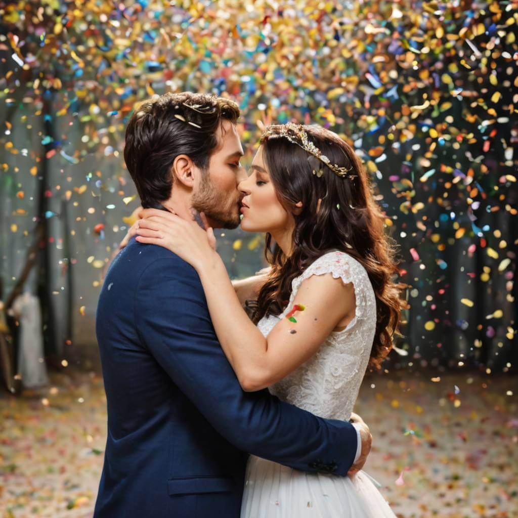Casal se beijando com confetes caindo ao redor, tema de celebração
