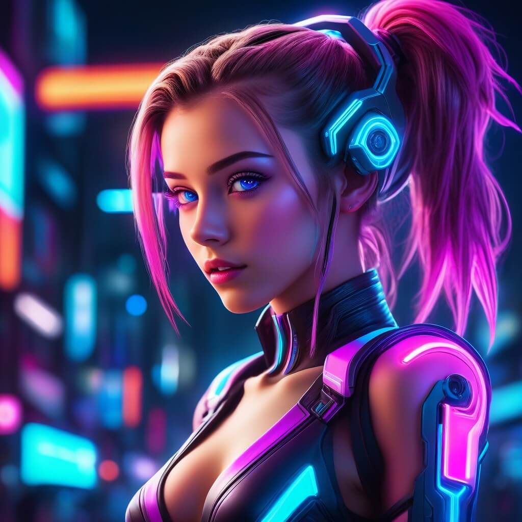 Une femme, queue de cheval, style Cyberpunk.