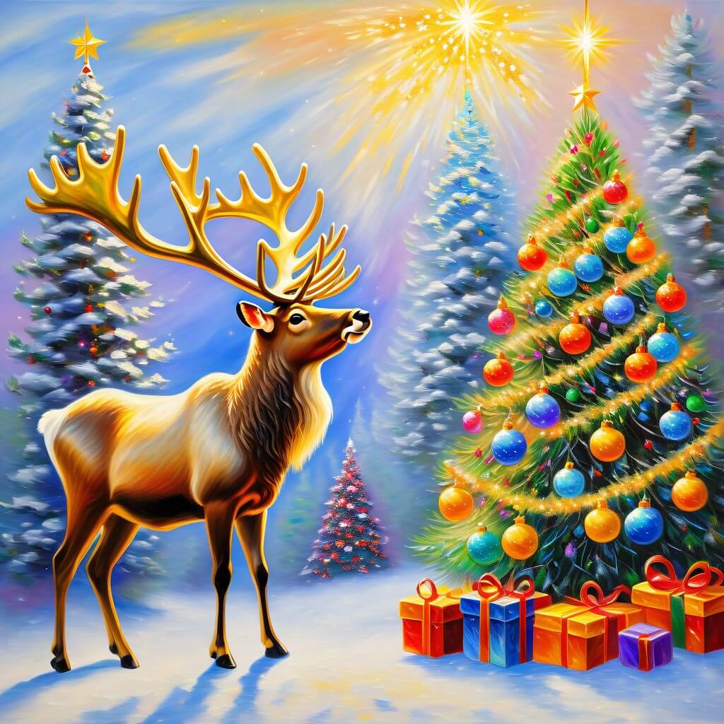 Un renne de Noël majestueux à côté d'un sapin de Noël avec des décorations somptueuses et des cadeaux.