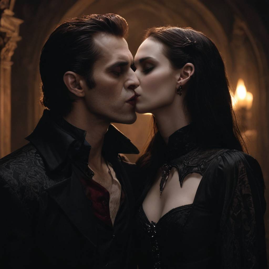 Vampiro beijando suavemente o pescoço de uma humana, iluminação gótica
