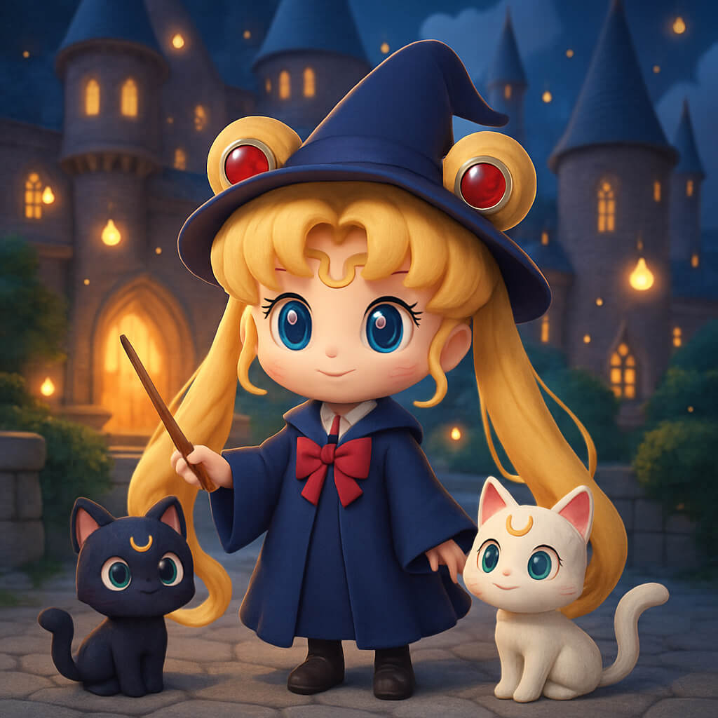 Guerrière de la lune en style sorcière avec ses deux chats, un noir et un blanc.