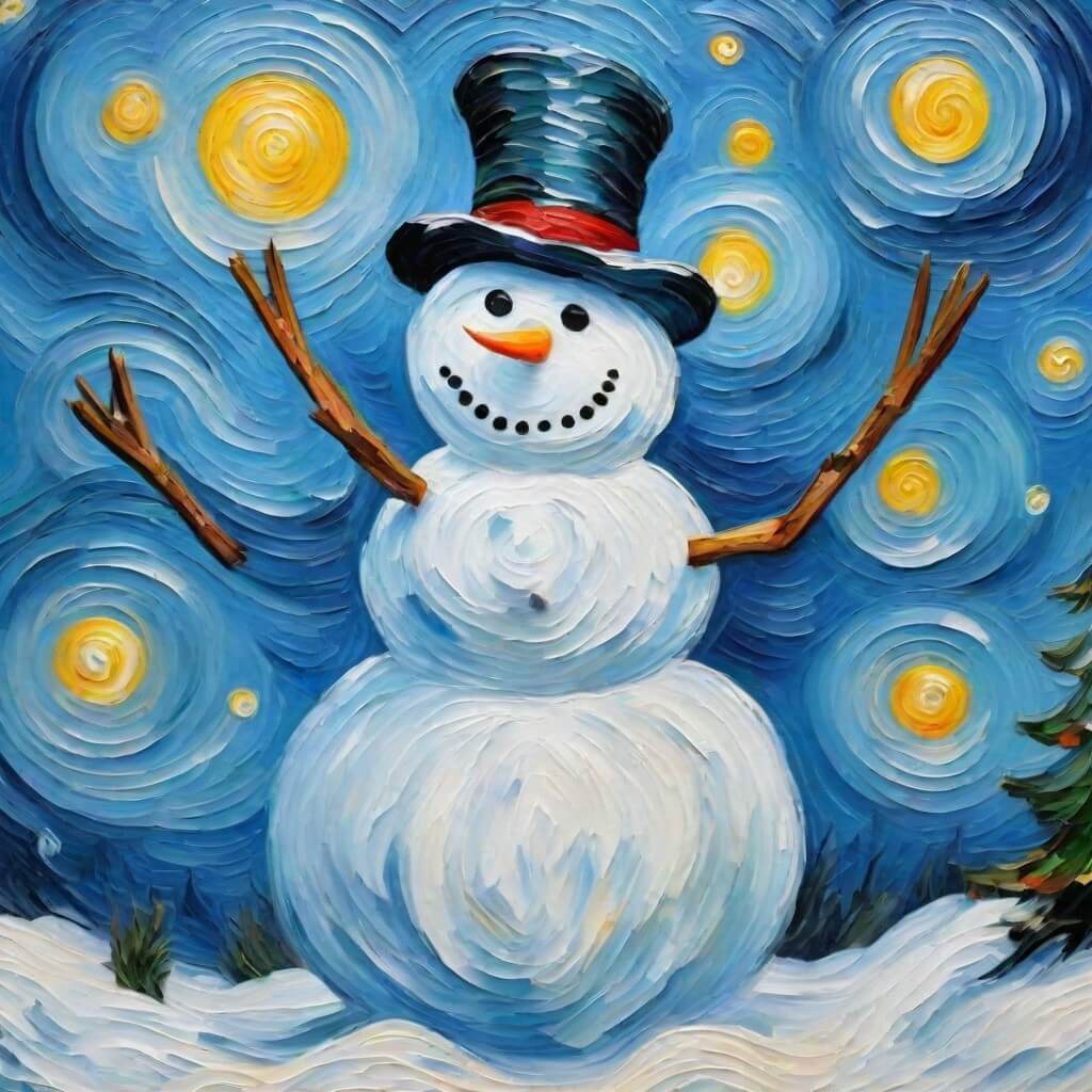 Un bonhomme de neige sous une nuit étoilée.
