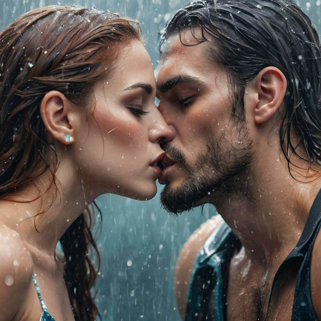 Sereia e marinheiro se beijando com gotas de água em seus rostos