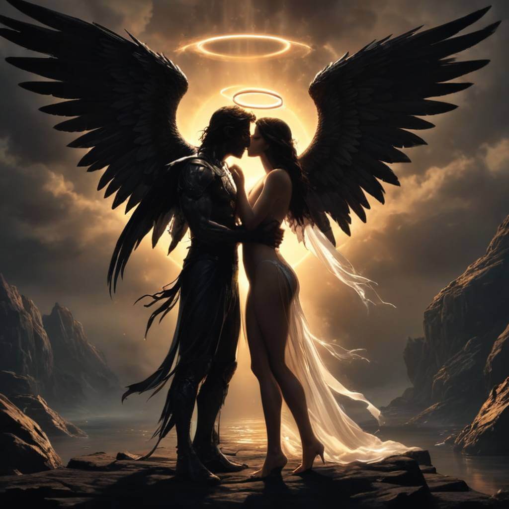 Anjo e demônio se beijando, auréolas brilhantes e asas escuras