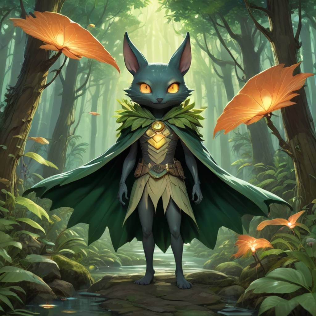 Un alegre guardián del bosque no binario con una capa de hojas de gran tamaño y ojos brillantes, dibujado al estilo de Studio Ghibli, rodeado de espíritus del bosque flotantes.