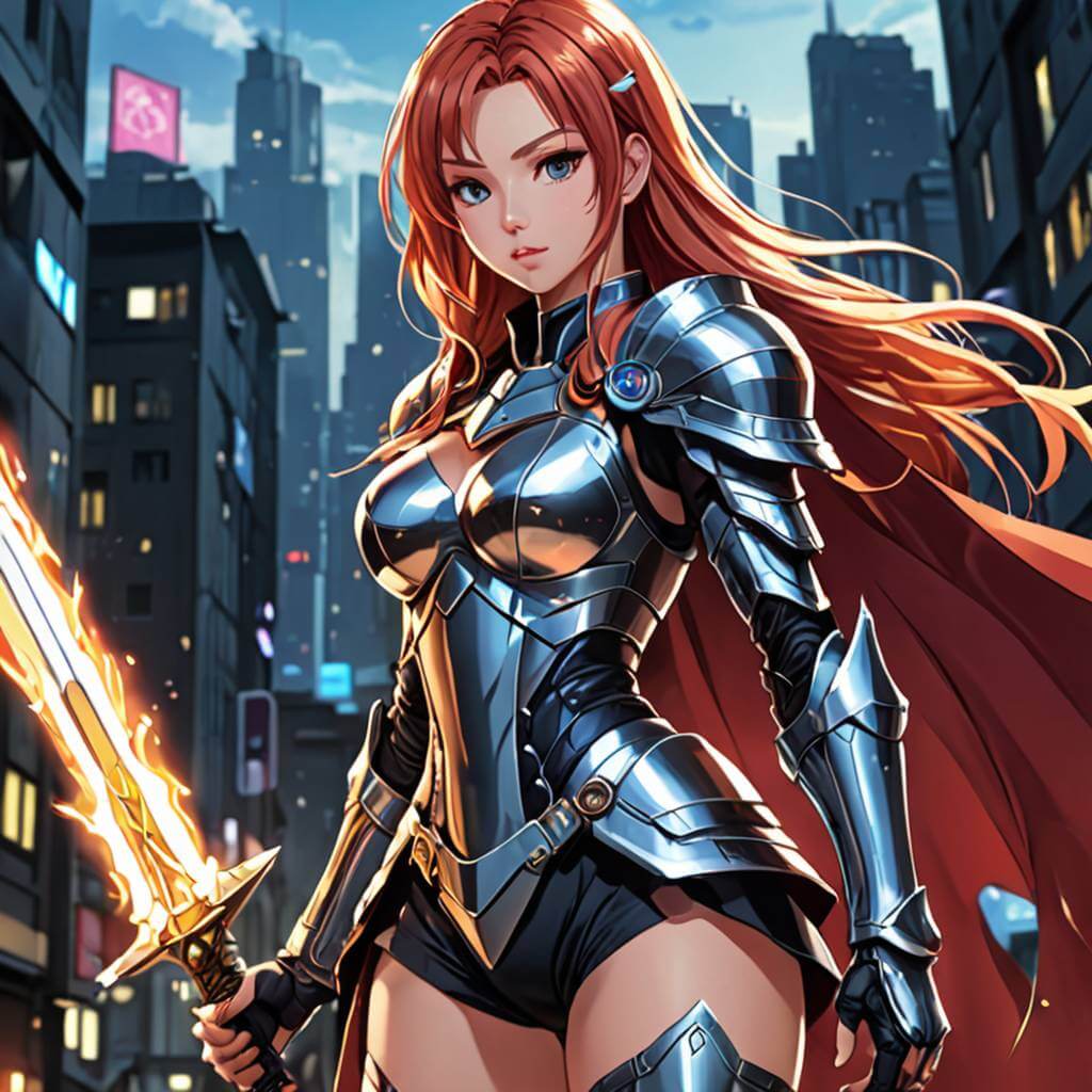 Una fuerte guerrera con armadura futurista y una espada brillante, diseño de personaje estilo anime, el viento agita su capa dramáticamente.