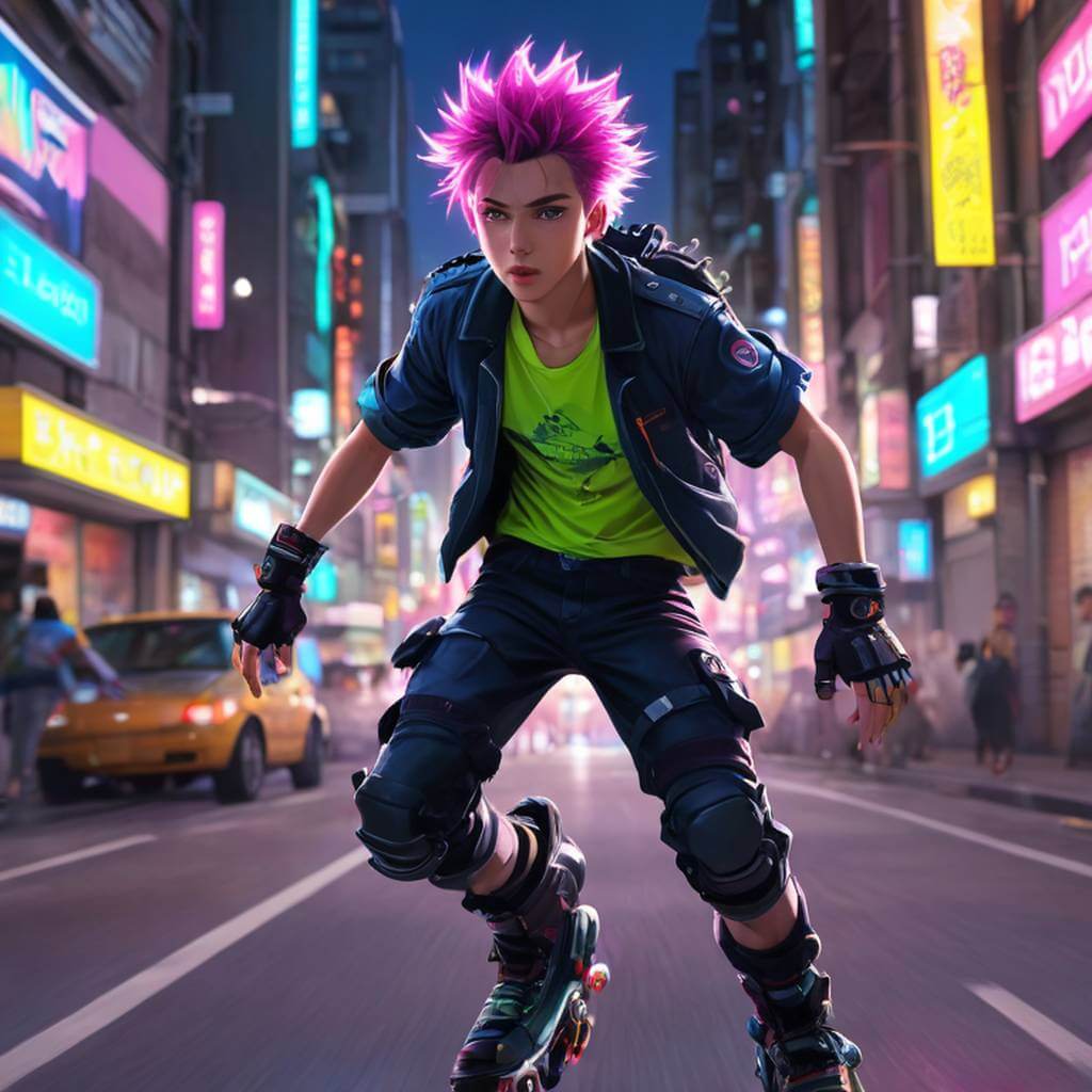 Un adolescente con cabello puntiagudo y patines en línea, corriendo por una ciudad iluminada con neón con estética de anime de los 90 y expresión enérgica.