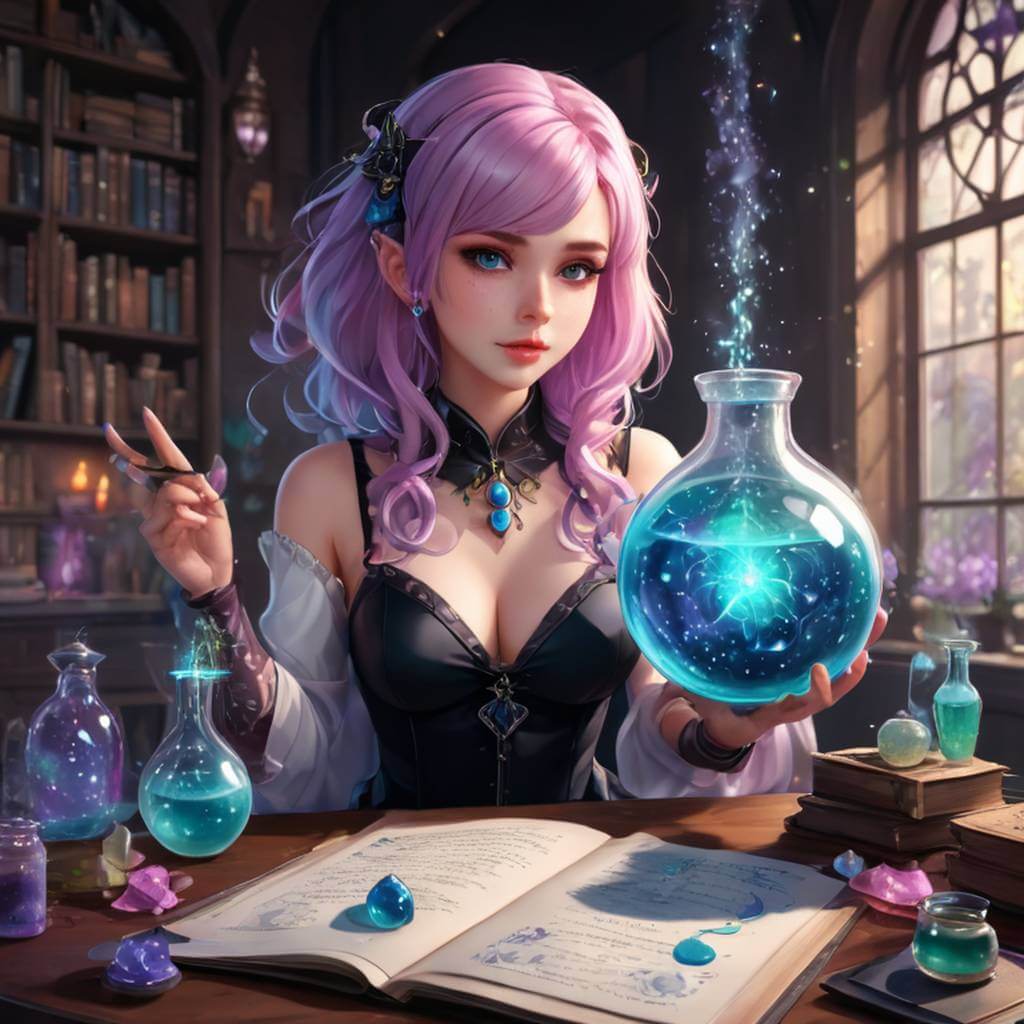 Un creador de pociones de género fluido con viales coloridos y un grimorio flotante, dibujado en un suave estilo anime en tonos pastel, brilla a su alrededor.