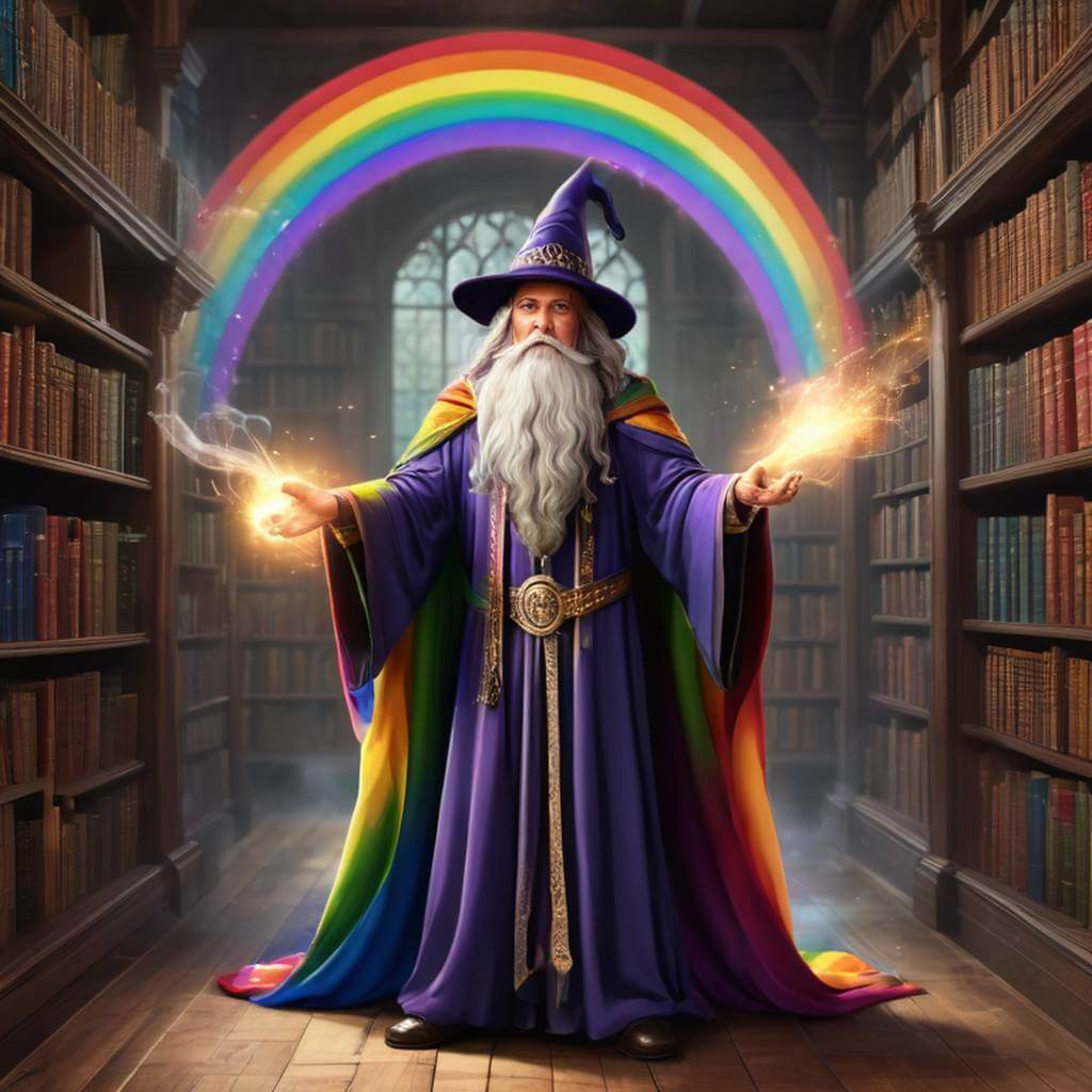 Un mago alto con una barba larga y suelta y túnicas de arcoíris, lanzando hechizos en una biblioteca mágica, animación 2D estilo cel-shaded.