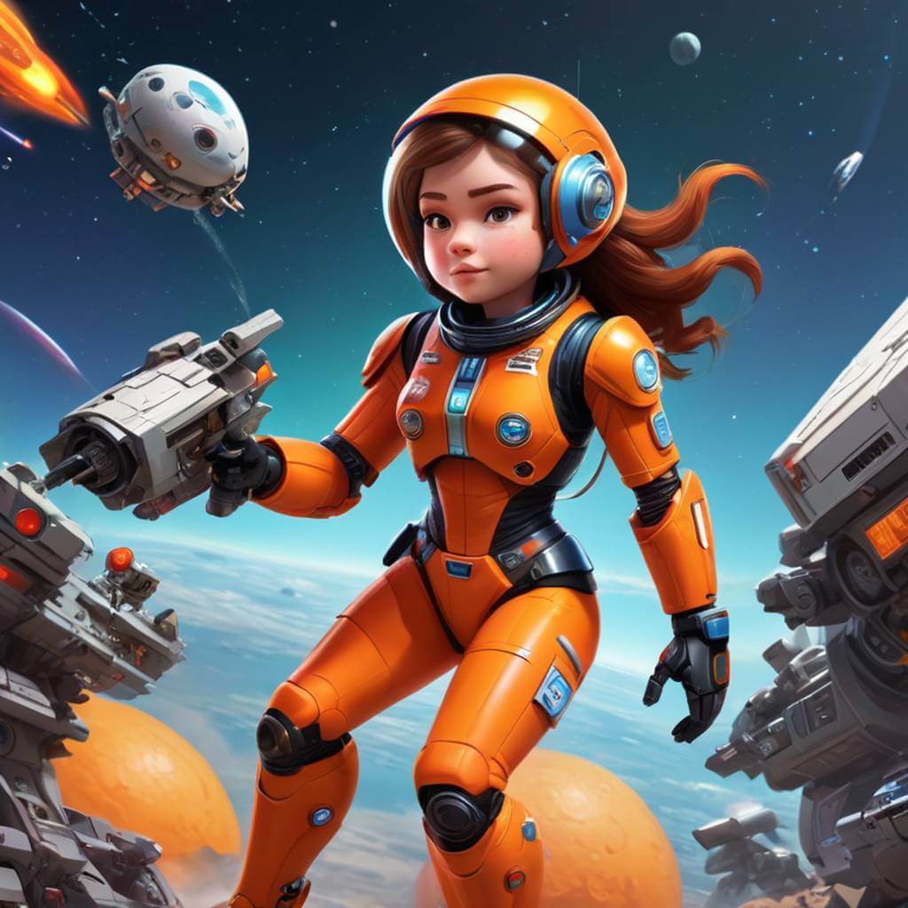 Una piloto espacial transgénero con un traje naranja brillante, volando una pequeña nave espacial con un compañero robot, con un ambiente de dibujos animados coloridos.