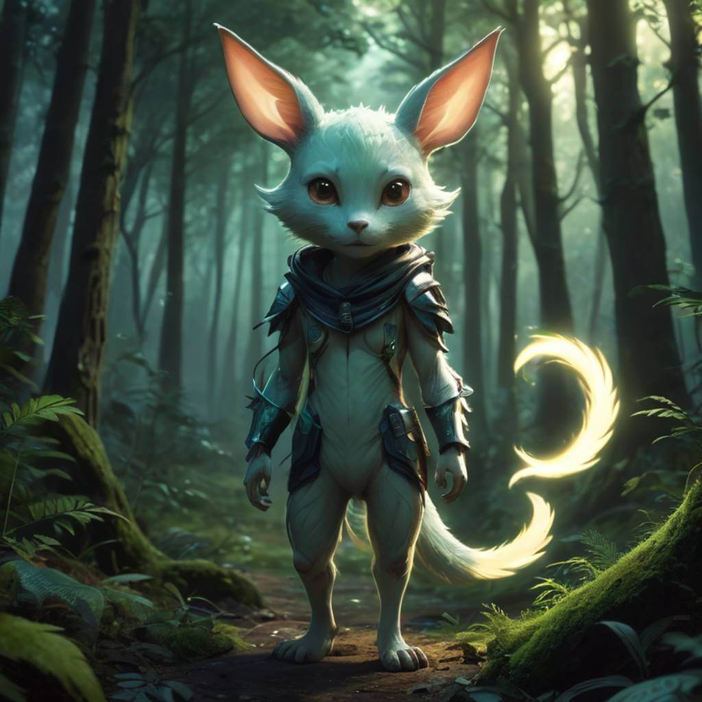 Un niño híbrido animal-humano que cambia de forma, con orejas y cola brillantes, en plena transformación, en un bosque místico, arte de anime estilizado.