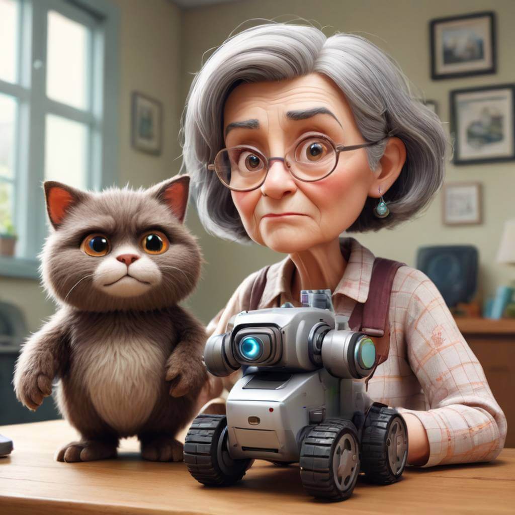 Una inventora anciana, gruñona pero adorable, con cabello gris salvaje y mascotas robóticas, dibujada en un estilo animado inspirado en Pixar.
