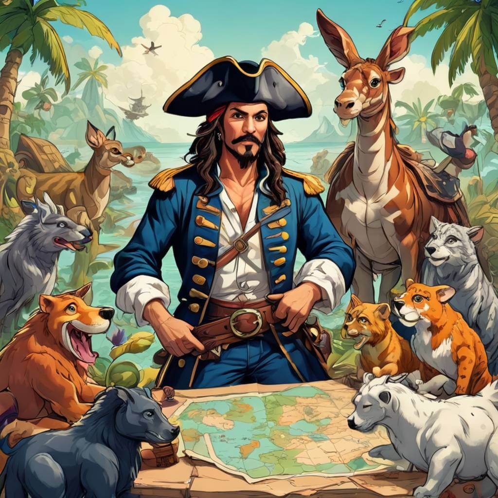 Un carismático capitán pirata masculino con un mapa mágico y una tripulación de animales parlantes, animado en atrevidos dibujos lineales y colores celuloide.