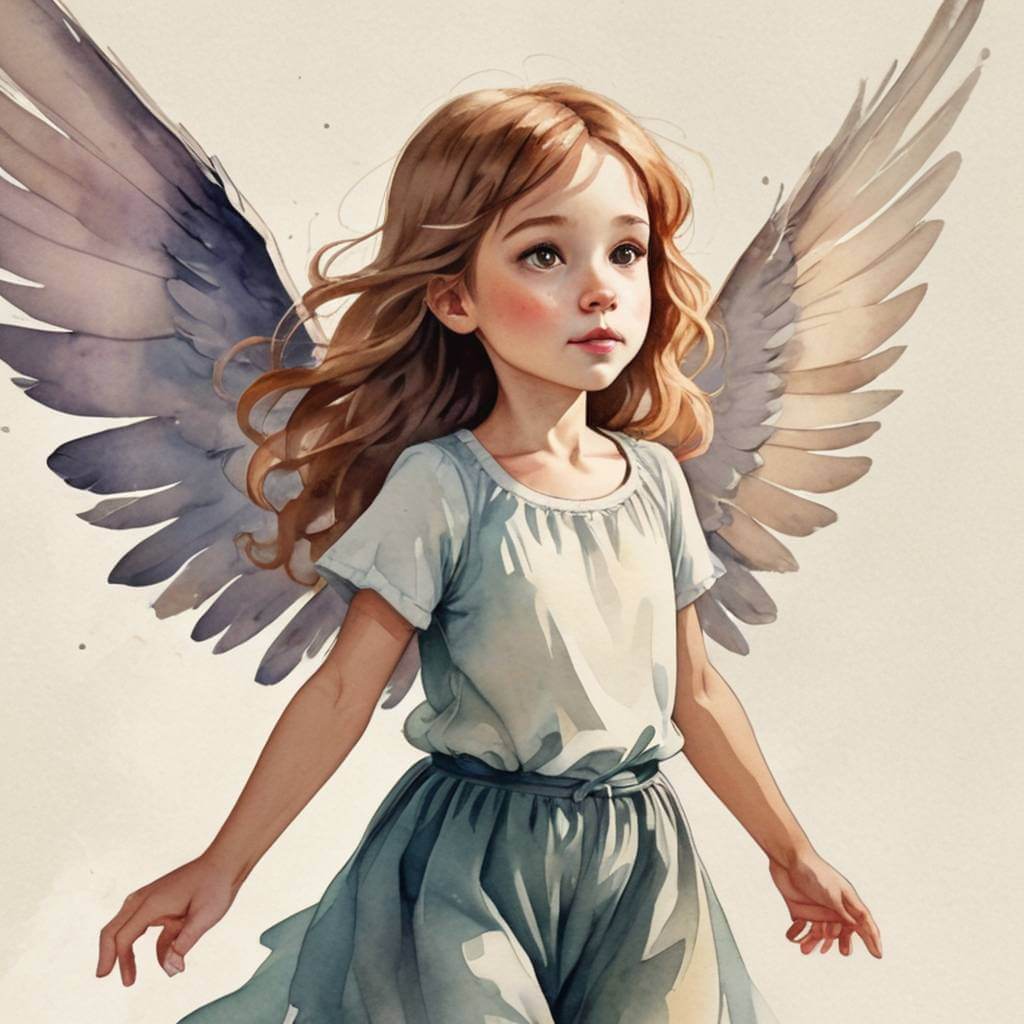 Una joven curiosa que puede controlar el viento, volando con sus alas hechas a mano, dibujada en una caprichosa animación 2D con textura de acuarela.