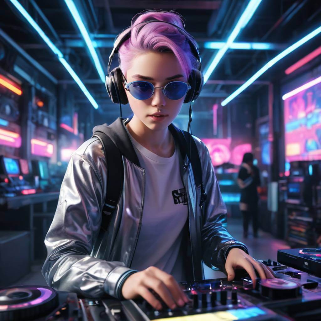 Un DJ adolescente no binario, tranquilo y seguro de sí mismo, que pincha discos en un club de anime futurista, con estelas de luz y efectos de fallos.