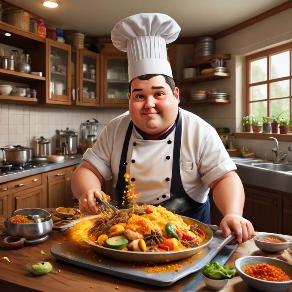 Un chef masculino regordete con especias mágicas, preparando comida flotante en una cocina acogedora, proporciones y expresiones caricaturescas.