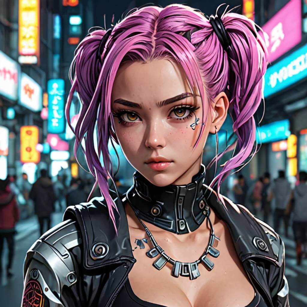 Una chica ciberpunk con trenzas de neón y tatuajes holográficos, animada en un atrevido estilo anime distópico.
