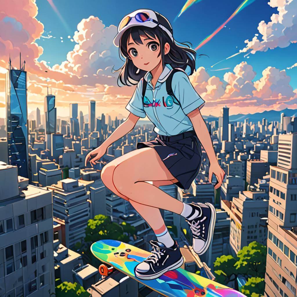 Un mensajero aéreo no binario seguro de sí mismo con gafas de arcoíris y una patineta flotante, que entrega cartas mágicas sobre una colorida ciudad animada, con sombreado de celdas inspirado en anime y líneas de movimiento.