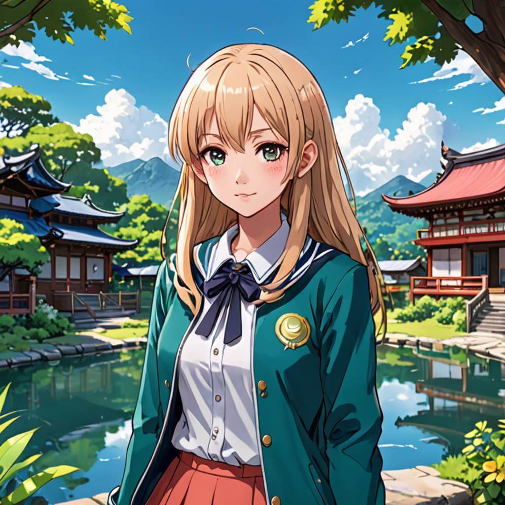 Un misterioso estudiante extraterrestre sin género que asiste a una escuela mágica en una isla flotante, estilo anime cel-shaded.