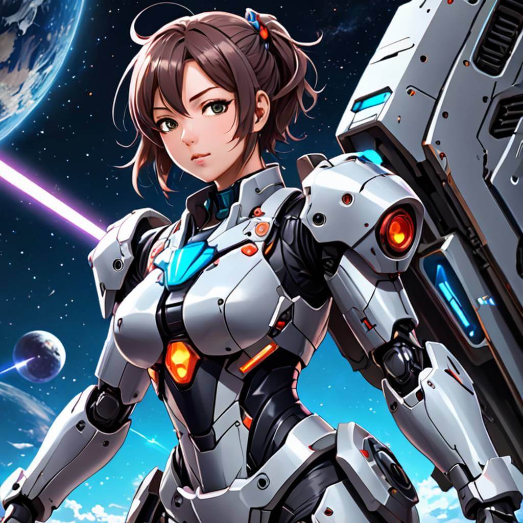 Una mujer segura de sí misma con un traje mecánico gigante pilotando a través del espacio, sombreado estilo anime y pose dramática.