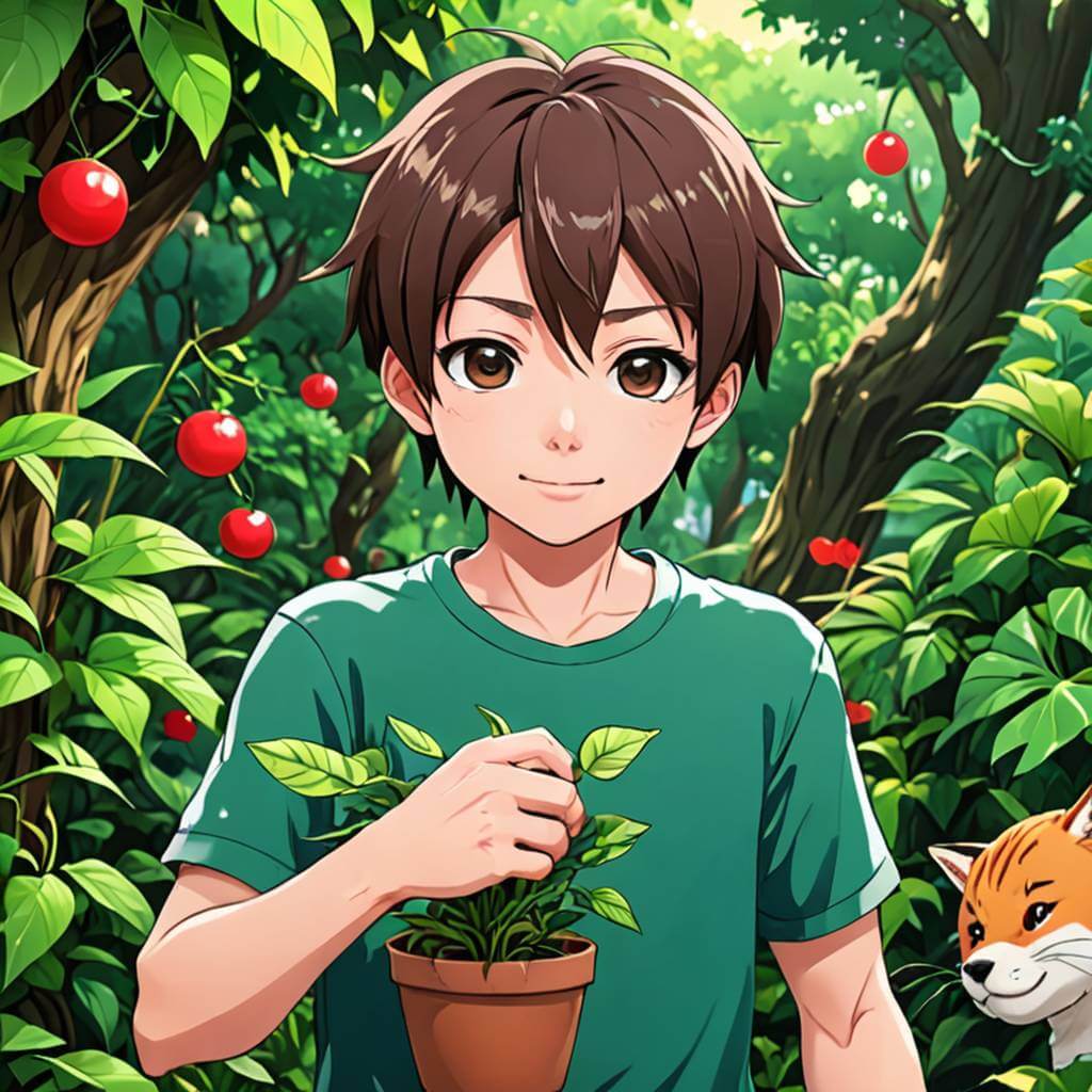 Un niño alegre con poderes vegetales, con enredaderas que crecen de sus manos mientras juega con animales, dibujado en exuberantes tonos verdes y detalles animados.