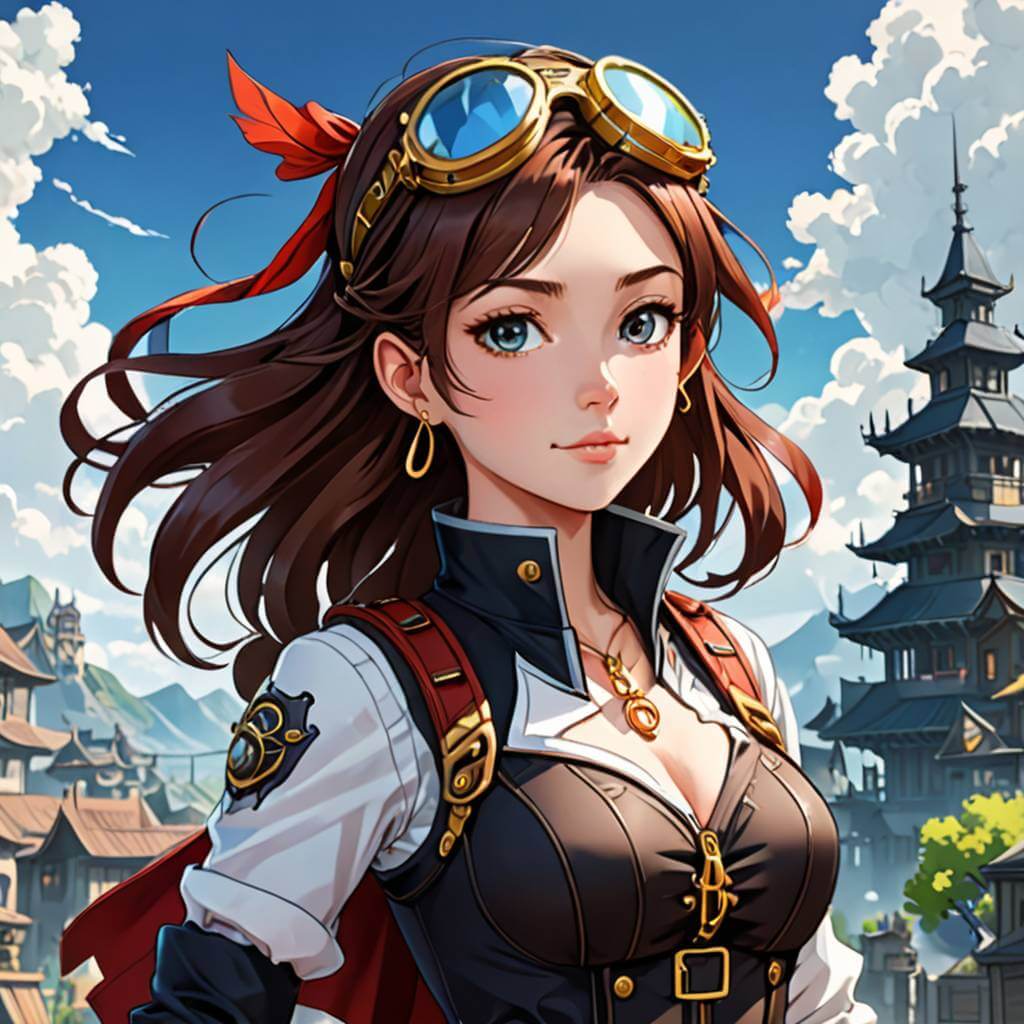 Un pirata del cielo no binario inspirado en el steampunk con gafas y un jetpack de cuerda, ilustrado en estilo celuloide de anime detallado.
