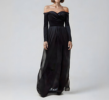 Elegante vestido de noche negro con una silueta dramática, perfecto para eventos formales.