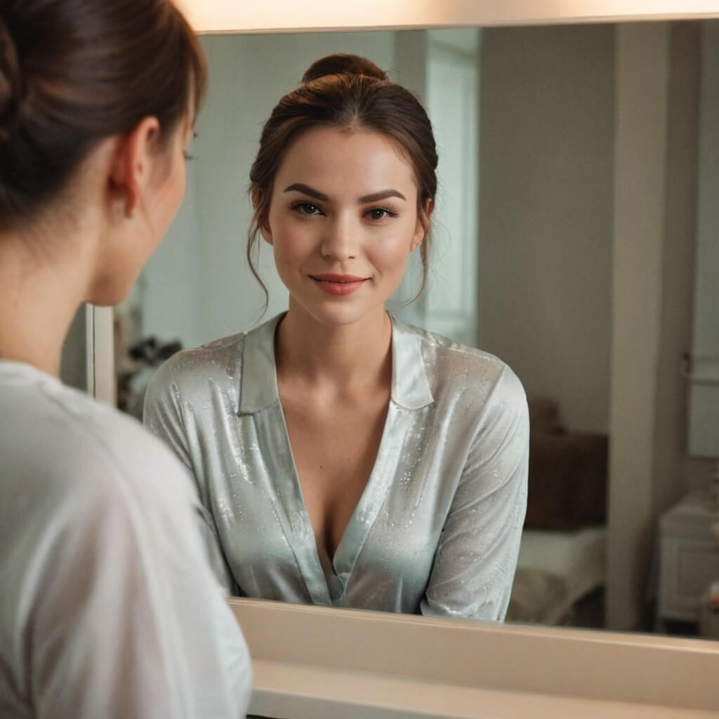 Uma mulher confiante em frente a um espelho pisca lentamente para seu reflexo, com uma inclinação sutil da cabeça e iluminação suave.