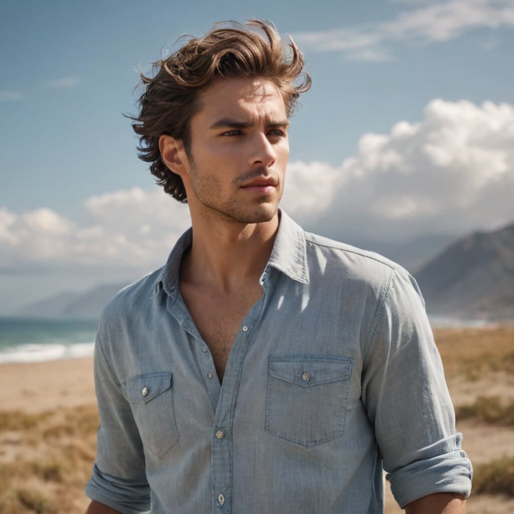 Um modelo masculino fica parado enquanto o vento sopra em seu cabelo e roupas, fazendo contato visual com a câmera.