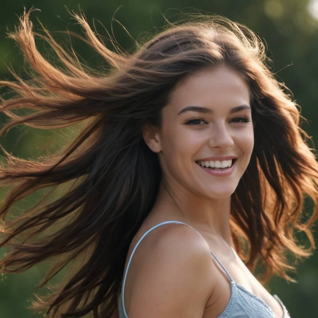 Uma jovem joga seu longo cabelo para trás dramaticamente em câmera lenta, seu sorriso aumentando enquanto ela se vira.