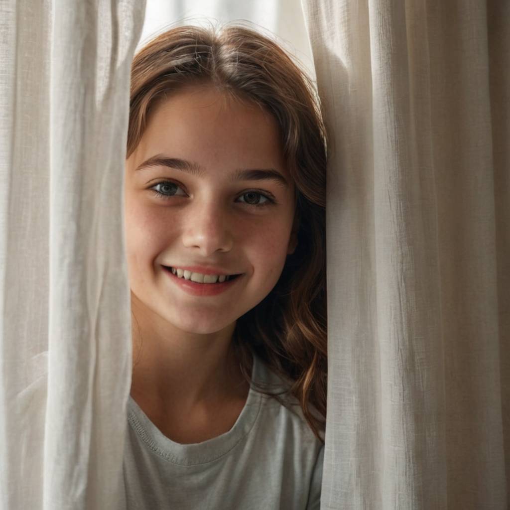 Uma menina espia gentilmente por trás de uma cortina esvoaçante, sorrindo travessamente e se inclinando para a luz.