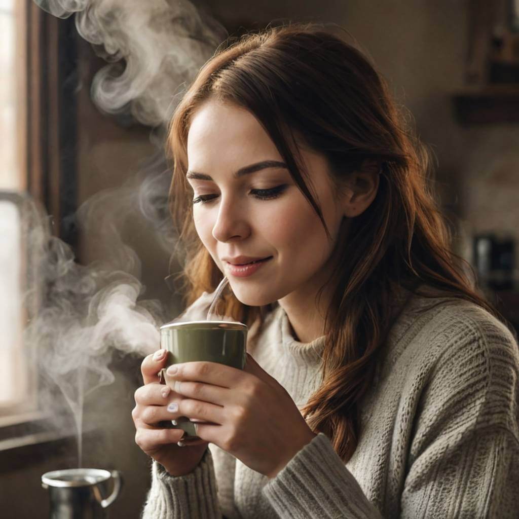 Uma mulher toma um gole de café quente, depois solta um suspiro relaxado e feliz enquanto o vapor sobe.