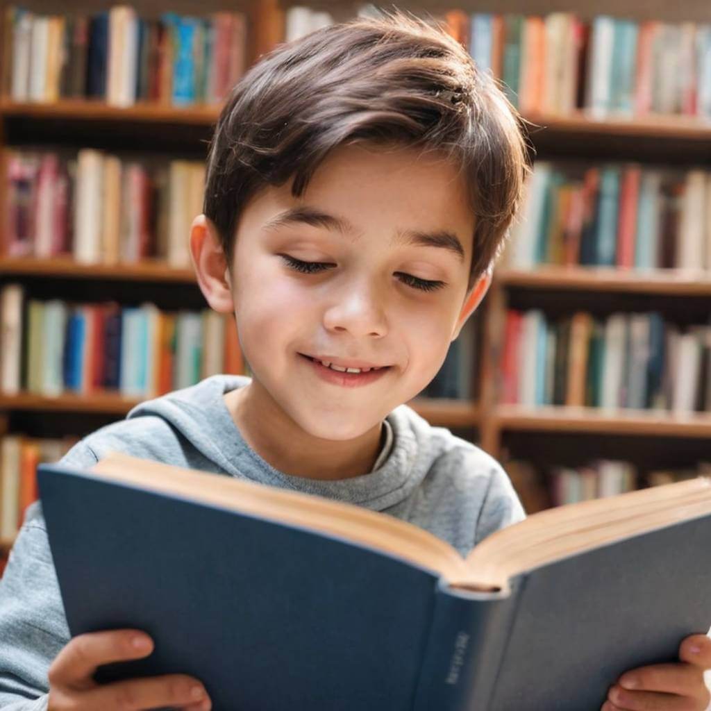 Um menino lendo um livro levanta o olhar de repente, pisca duas vezes e sorri sutilmente como se descobrisse algo.