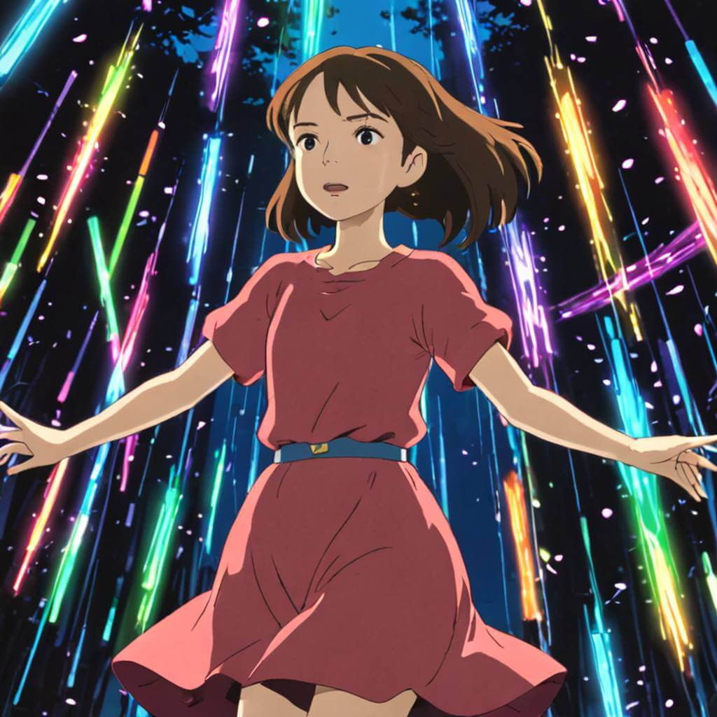 Uma mulher dança lentamente enquanto luzes coloridas passam sobre ela, iluminando sua silhueta ritmicamente.