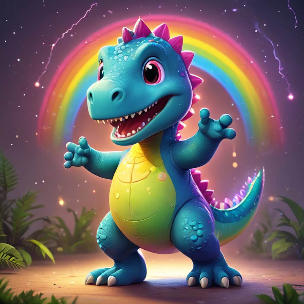 Um dinossauro fofo de desenho animado fazendo uma dança feliz e desajeitada sob luzes de arco-íris.