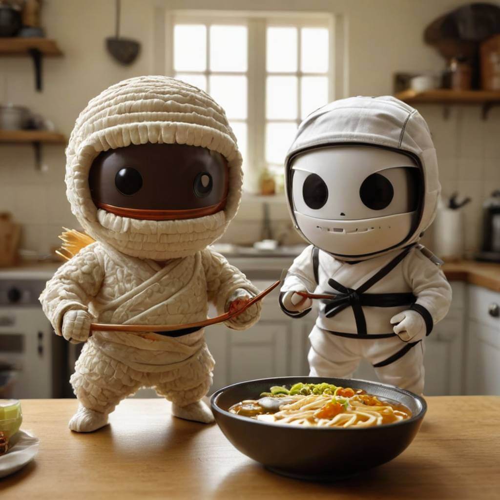 Dois personagens de tigela de ramen duelando com hashis (pauzinhos) em um dojo de cozinha.